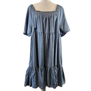 a.n.a A New Approach Dress Womens Large Light Blue Chambray Ruffle Square Neck